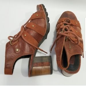 SOREL Brown Leather Lace Up Peep Toe Heels 8.5